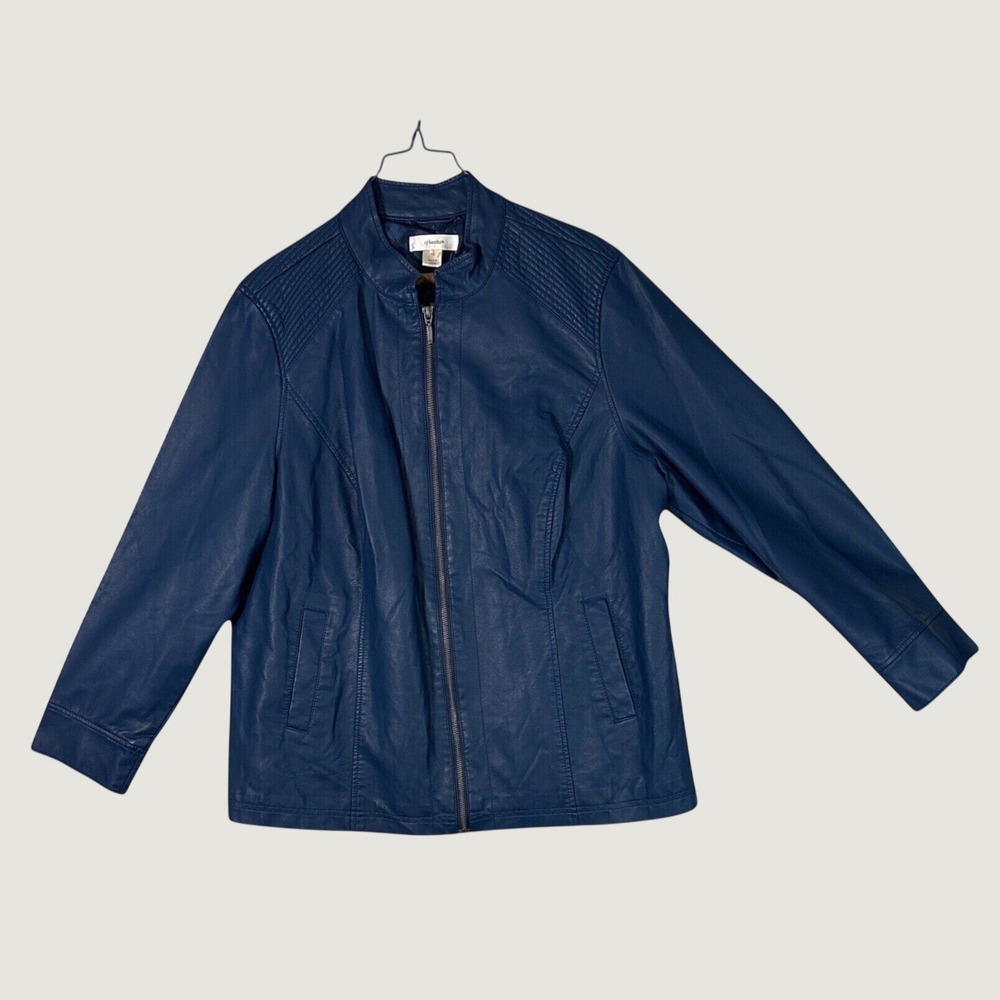 CJ Banks Navy Blue Faux Leather Quilted Moto Jacket 1X Plus Size Full Zip